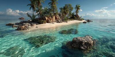 Tropical paradise with clear waters and lush vegetation on a secluded island during a sunny day photo