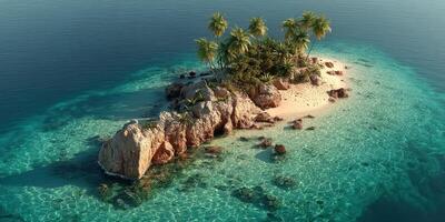 Tropical island surrounded by clear waters with palm trees and rocky shoreline photo