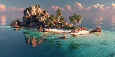 Serene tropical island with clear waters and lush palm trees during sunset photo