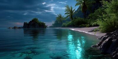 Tranquil coastal landscape with clear waters, lush vegetation, and a serene atmosphere at dusk photo