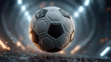 Dynamic soccer ball in motion with sparks flying in a dramatic tunnel setting photo