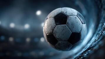 Soccer ball in motion during a thrilling match at a stadium with dramatic lighting in the background photo