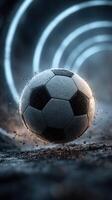 Soccer ball rolling through dark tunnel with glowing lights in the background photo