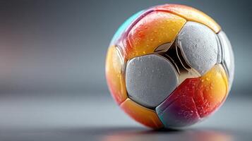 Colorful soccer ball resting on a wet surface before a match in the early morning light photo