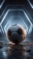 Soccer ball illuminated in a futuristic tunnel setting with neon lights at dusk photo