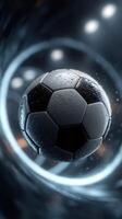 Soccer ball emerging from a swirling vortex in a dynamic, energetic setting during a game photo