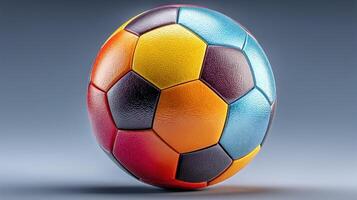 Colorful soccer ball displayed with intricate design elements showcasing vibrant colors and textures, suitable for various activities and settings photo