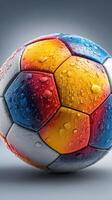 Colorful wet soccer ball glistening with water droplets against a smooth background photo