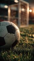 Close-up of wet soccer ball resting on grass near goalpost during sunset, capturing the essence of an outdoor match photo