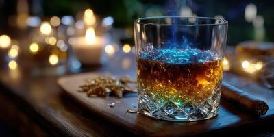 Cocktail in a crystal glass on a wooden board with glowing lights in the background during a relaxed evening gathering photo