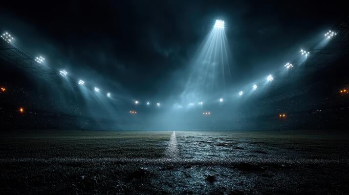 Empty stadium illuminated by bright floodlights highlights the anticipation of a football match at night