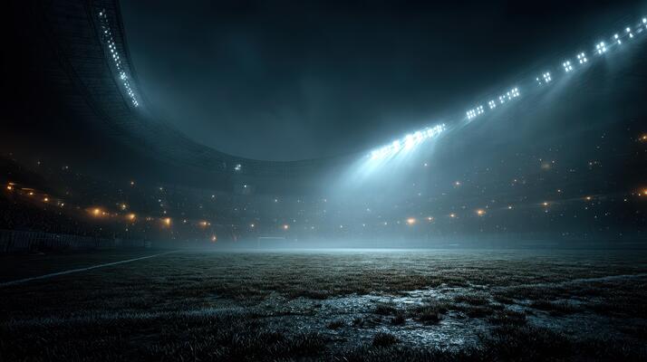 Stadium illuminated by bright lights during a night event with a mysterious atmosphere