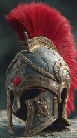 Ancient Roman helmet with red plume showcasing intricate designs and historic craftsmanship photo