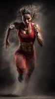 Muscular athlete sprinting on a dark surface with dust clouds surrounding her in an intense training session photo