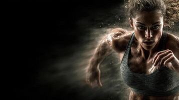 Dynamic female athlete sprinting intensely during a high-energy workout session in a dark, dramatic environment photo