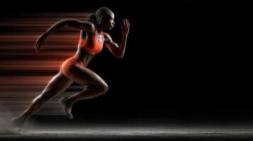 Female sprinter demonstrating speed and power in an indoor track setting during a competitive race photo