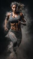 Strong athlete runs through a dusty atmosphere in an intense display of fitness and determination during a workout session photo