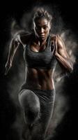Athlete sprinting vigorously while creating a dramatic cloud of dust in a dark environment photo