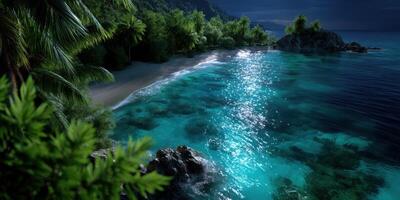 Serene tropical beach with sparkling waters and lush greenery under the moonlight at night photo