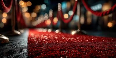 Red carpet event taking place at night with elegant lighting and ropes in the background to set a glamorous atmosphere photo