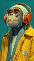Stylish monkey wearing headphones and sunglasses enjoying music indoors photo