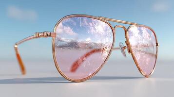 Sunglasses resting on a flat surface reflecting clouds and sky in a bright outdoor setting during daytime photo