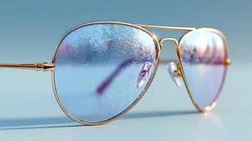 Clear spectacles reflecting water droplets with a pastel blue background during a sunny day in a relaxing outdoor setting photo