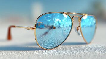 Reflective sunglasses lie on a sunny surface showcasing vibrant blue hues and a clear sky in the background during midday photo
