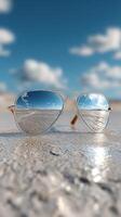 Glossy sunglasses reflecting a vibrant beach scene under a clear sky at midday photo