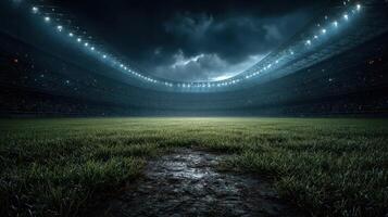 Stadium field under dramatic lighting surrounded by dark clouds before an intense sports event photo