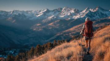 Hiker explores a mountain trail at dusk surrounded by snow-capped peaks and golden grass near a scenic wilderness photo