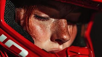 Portrait of a determined athlete wearing a red helmet with freckles and focused expression before the game photo