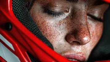 Close-up of a young racer resting before a race wearing a helmet in a pit area during a sunny afternoon at the racetrack photo