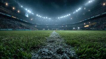 Stadium view at night with bright lights illuminating the green grass during a soccer match photo