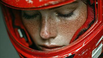 Young racer prepares for competition with focused expression in a vibrant red helmet during an outdoor event photo