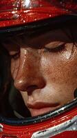 Close-up of astronaut preparing for space exploration in a helmet with intricate details on the face and reflective visor photo