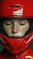 Female racer in red helmet with freckles preparing for competition in a high-intensity motorsport environment photo