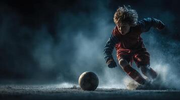 Young soccer player sprinting towards the ball in a dramatic night setting with fog and shadow photo