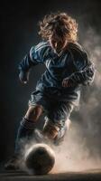 Young athlete showcasing skill while dribbling a soccer ball in a dynamic indoor setting during practice photo
