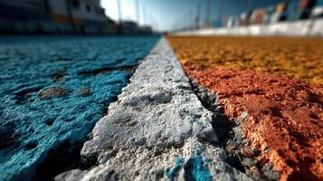 Colors of the dockside as the sun sets cast a vibrant atmosphere over the textured pavement near the harbor photo