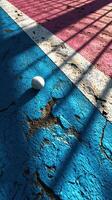 Colorful cracked pavement with a single white ball on a vibrant playground at sunset in a city park photo