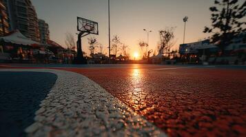 Sunset casts warm glow over basketball court in urban park during evening hours photo