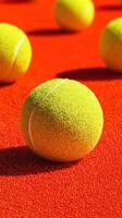 Yellow tennis balls scattered on a bright red court during a warm afternoon practice session photo