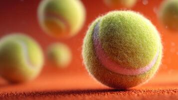 Bright green tennis balls floating against an orange background, creating a vibrant and energetic atmosphere in a sports-themed setting photo
