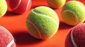Colorful tennis balls scattered on a vibrant surface create a lively and dynamic atmosphere for sports enthusiasts photo