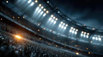 Exciting atmosphere in a stadium with bright lights and a cheering crowd during a night sports event photo