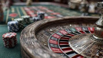 Experience the excitement of a roulette table with chips and a wooden wheel in a vibrant casino environment photo