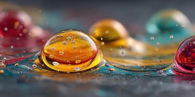 Colorful droplets of water create shimmering reflections on a smooth surface during a sunny afternoon photo