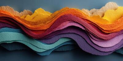 Colorful layered paper artwork depicting abstract mountains in vibrant hues of orange, pink, yellow, green, and blue against a blue background photo