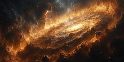 Galactic spiral with luminous orange and yellow clouds in deep space captured amidst twinkling stars in the cosmos photo